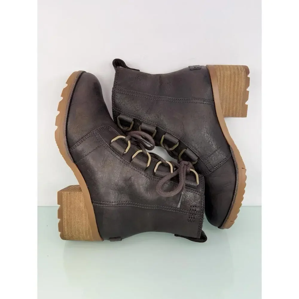 Sorel Cate Lace Bootie Dark Brown Leather Ankle Boots Block Heel Sz 6 Heritage - Picture 4 of 9